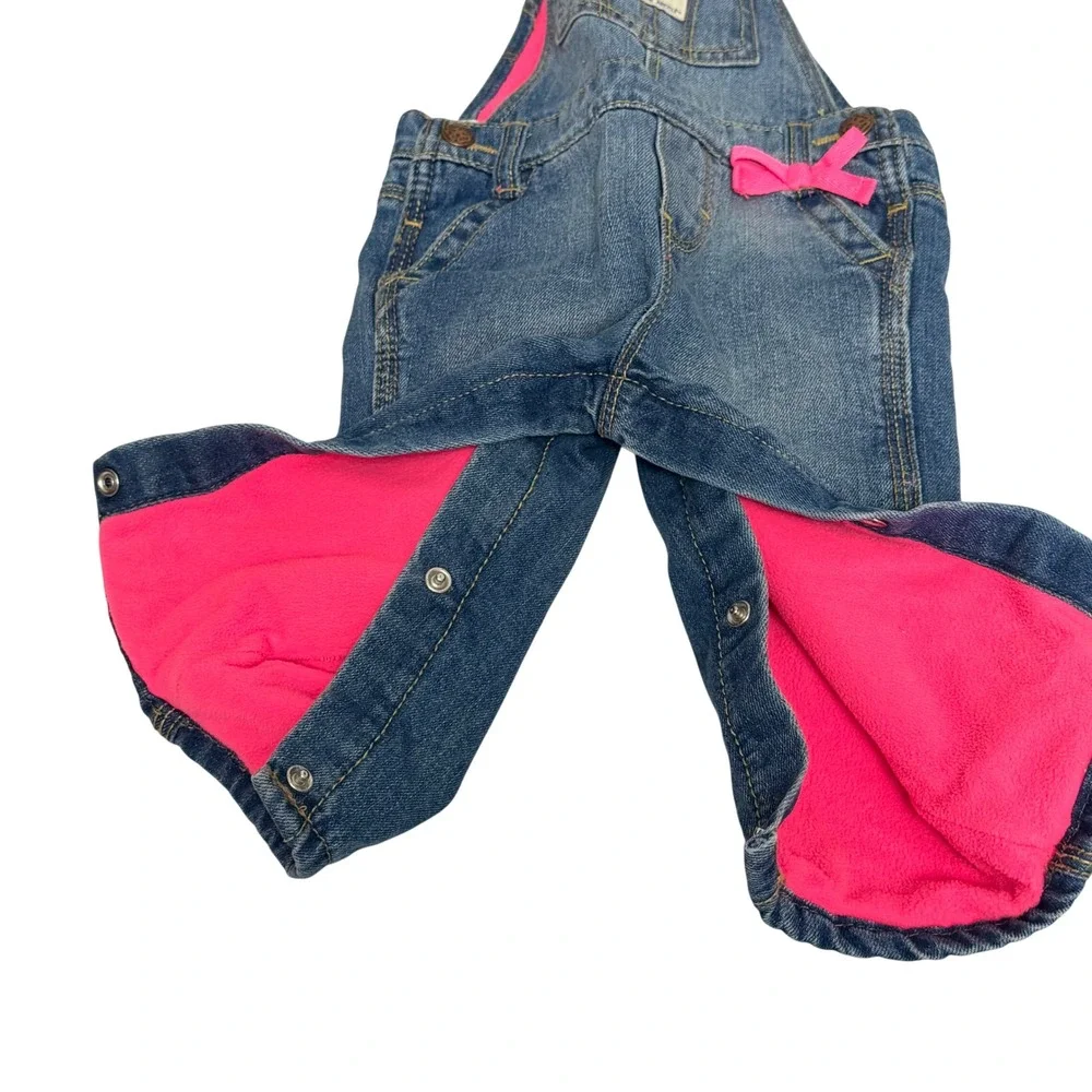 OshKosh Bgosh Baby Girls 9M Fleece Lined Blue Denim Overalls Pink Bow Detail